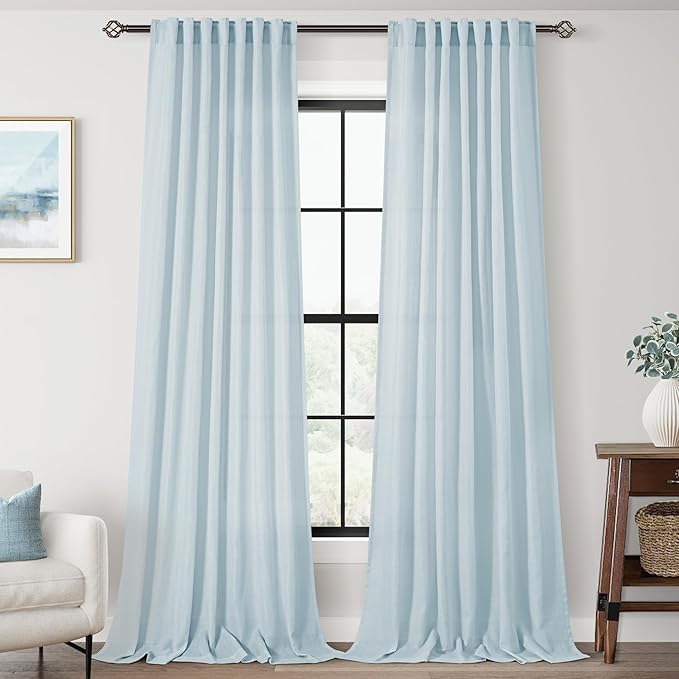 Sky Blue Curtains 84 inch Length for Bedroom Back Tab Light Filtering Semi Sheer Blue Living Room Curtains Linen Cotton Textured Drapery Panel Aesthetic Decor Light Blue 52x84