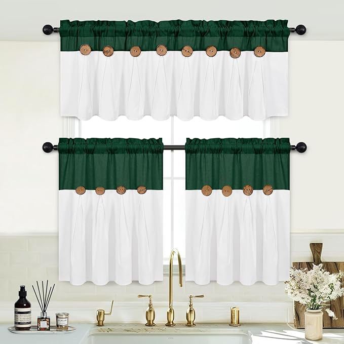FRAMICS Boho Kitchen Curtains 24 Inch Length, Farmhouse Cotton Linen Tier Curtain, Rustic Button Short Curtains for Windows, Green Country Cafe Drapes, Rod Pocket, Green and White, 26x24