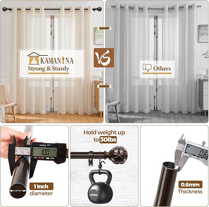 KAMANINA 1 Inch Extra Long Curtain Rod 140 to 195 Inches Bronze Heavy Duty Curtain Rods for Windows 120 to 170 Inch, Adjustable Drapery Rods with Netted Texture Finials