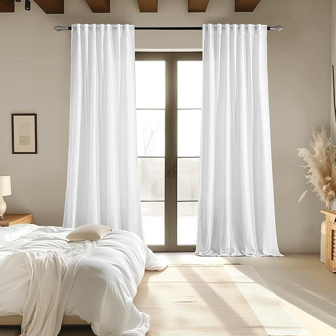 MIULEE White Linen Curtains 84 Inch Length 2 Panels for Bedroom Living Room, Soft Thick Linen Textured Back Tab Window Drapes Semi Sheer Light Filtering Rod Pocket Modern Farmhouse Decor