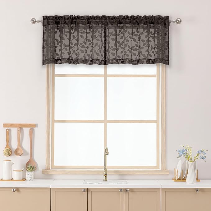 Chyhomenyc Chocolate Sheer Valances for Windows 14 Inch Length 2 Pcs, Light Filtering Leaf Textured Cafe Short Kitchen Curtains, Top Small Curtain for Living Room Bedroom Basement, 42" W x 14" L