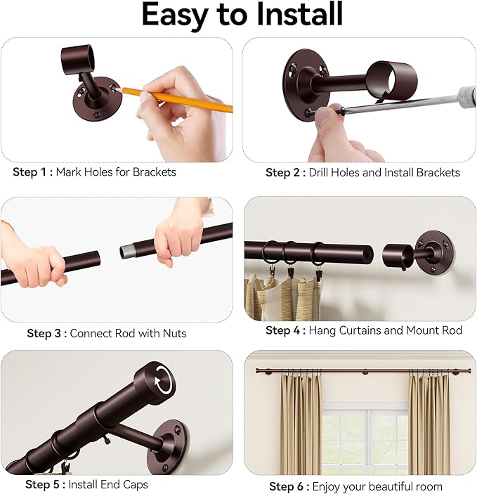 YaFex Heavy Duty Curtain Rods 32-120 Inch, 1 Inch Adjustable Bronze Curtain Rod for Windows, Long Window Treatment Rods with Aluminium Finials, Easy Installation