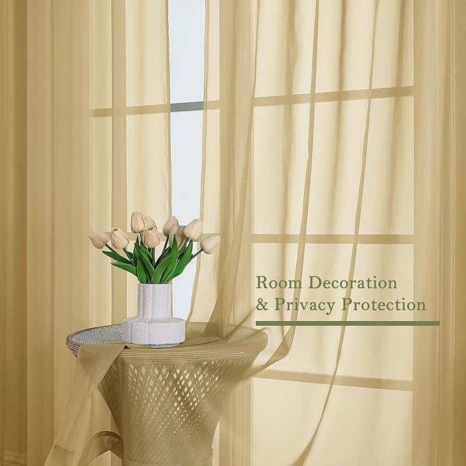Lecloud Gold Sheer Curtains for Bedroom 84 Inches Long 2 Pcs, Light Filtering Airy Voile Window Curtains for Living Room, Modern Farmhouse Decor Dual Rod Pocket Drapes, Each Panel 59" W x 84" L
