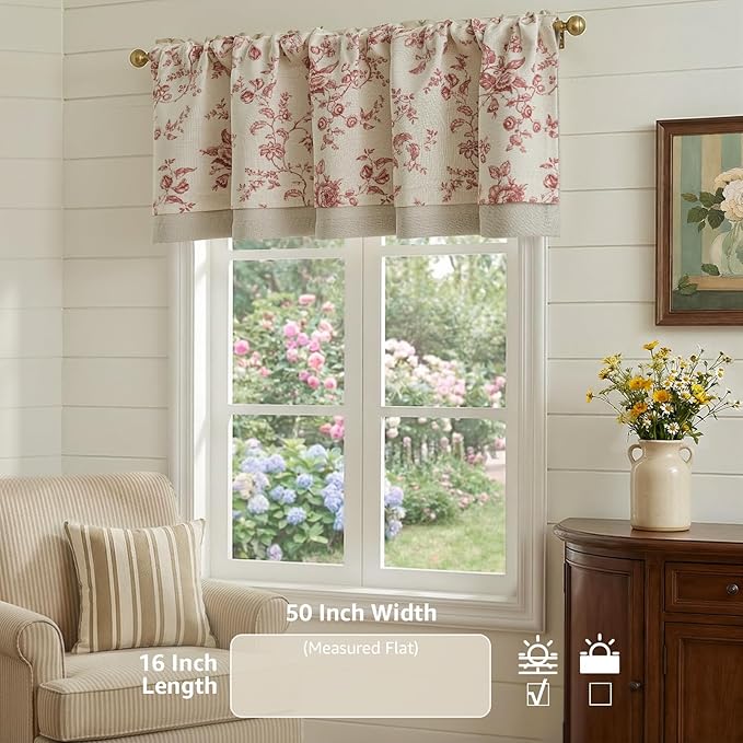 jinchan Amlie Floral Linen Valance Curtain Farmhouse Kitchen Valance for Living Room Laundry Light Filtering Double Layer Cottagecore Window Treatment Rod Pocket 1 Panel 16 Inch Maroon on Linen