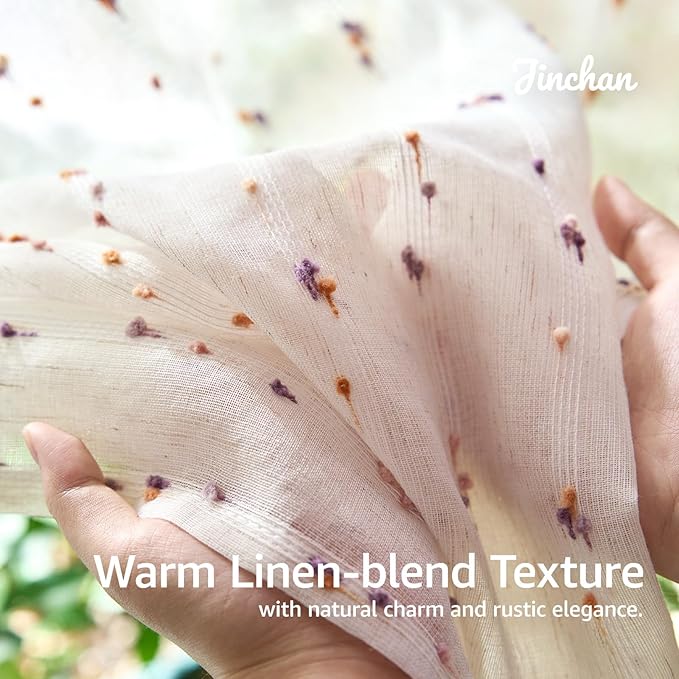 jinchan Valance Curtains for Windows 16 Inch Colorful Mini Pom-Pom Country Farmhouse Kitchen Valance Semi Sheer Voile Samll Window Treatment for Bedroom Living Room Rod Pocket 1 Panel Amber Bloom