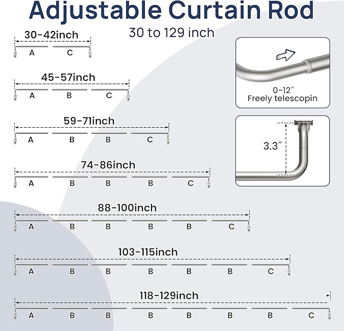 ENJOYBASICS Blackout Curtain rod for windows 66 to 120, Wrap Around Curtain Rods for Bedroom, Living Room, Adjustable from 30 to 129 Inches, Nickel