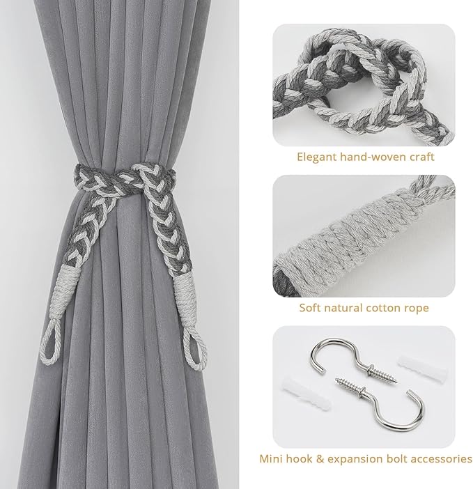 NICEEC 2 Pack Natural Cotton Rope Curtain Tiebacks Elegant Boho Style Decorative Drape Tie Backs Soft Hand-Woven Rope Curtain Holdbacks with Metal Hook for Home & Office Drapery (Gradient Grey)
