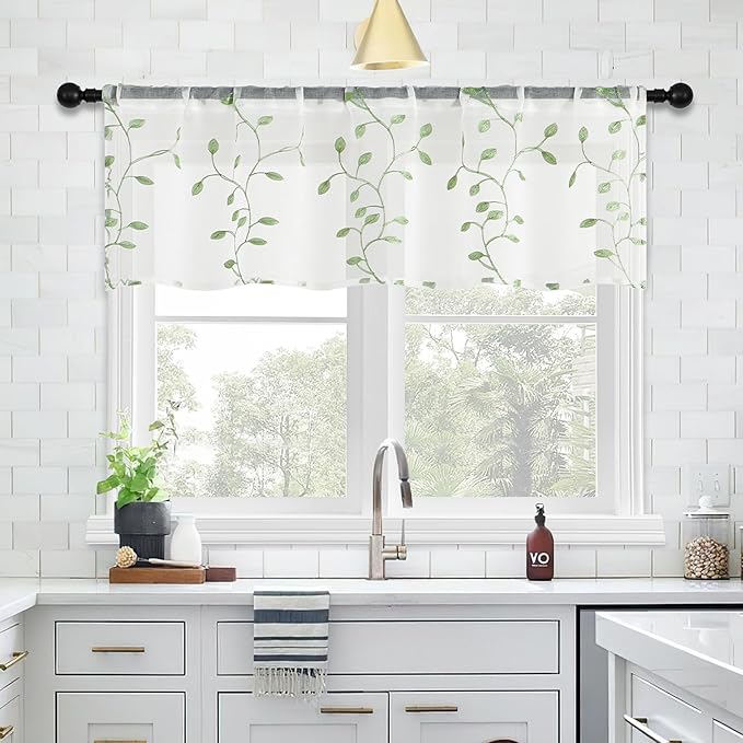 MRTREES Sheer Voile Curtain Valances, Leaves Embroidered Valance Curtains Rod Pocket, Small Sheer Window Curtains Treatment for Bedroom/Living Room/Bathroom(1 Panel, 54x16 Inch, Greyish Green Leaves)