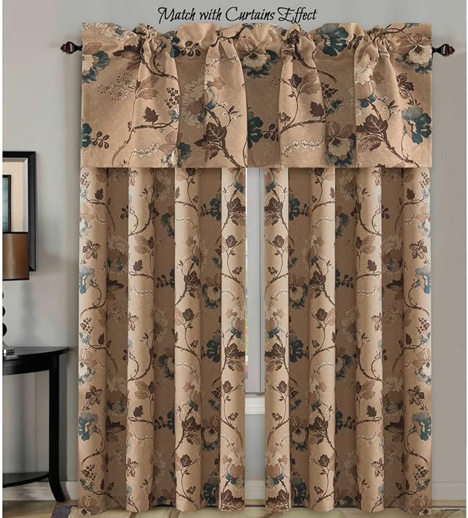 H.VERSAILTEX Blackout Curtain Valances for Kitchen Window/Living Room/Bathroom Privacy Added Rod Pocket Home Decoration Winow Valance, 52" W x 18" L, Floral in Brown and Blue