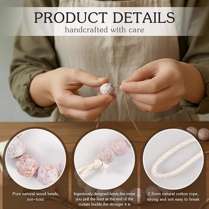 Hion 2 Pcs Boho Curtain Tiebacks,Wood Beads Curtain Holdbacks,Outdoor Farmhouse Tie Backs for Curtains,Curtain Holders for Drapes Home Office Decor with Hooks(White Washed)