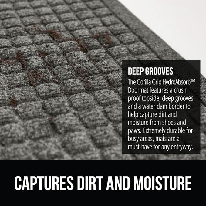 GORILLA GRIP® Ultra Absorbent Front Door Mat Outside Entrance, 72x24, Traps Dirt and Moisture, HydroABSORB Indoor Outdoor Doormat Holds Up to 2.75 Cups Water, Stain and Fade Resistant Welcome Mat Grey