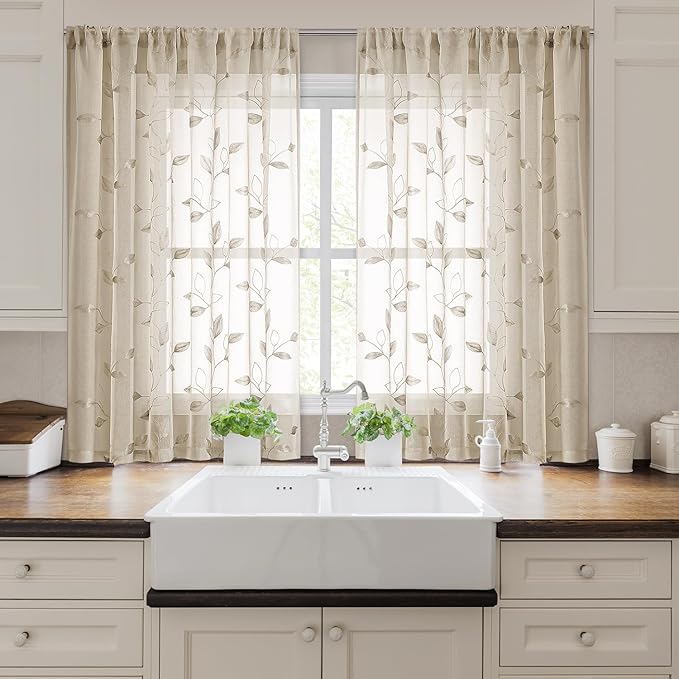 HOMEIDEAS Taupe Sheer Kitchen Curtains 52 x 45 Inch Length 2 Panels Beige Embroidered Leaf Pattern Short Curtains for Bedroom Half Small Window Rod Pocket Tiers