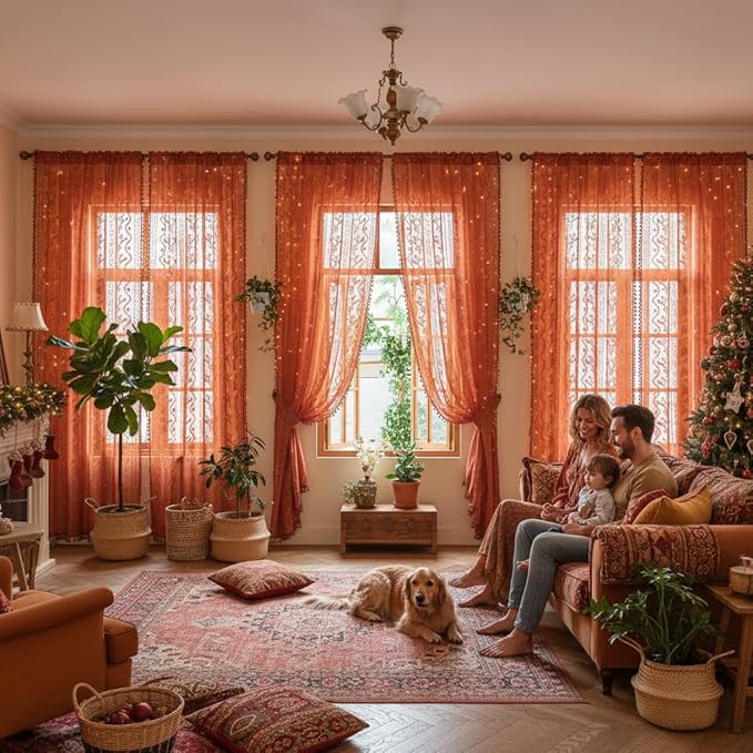 WAZZIO Boho Lace Curtains 108 Inch 2 Panels-Vintage Sheer Panel Drape Floral Pattern & Tassel Light Filtering Privacy for Bedroom Dining Living Room,Cottage Earthy Full Decor Terracotta,W52 x 108L
