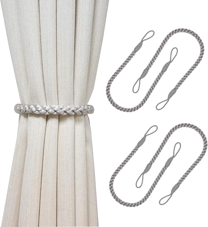 Curtain Tiebacks Ropes, 4pcs Decorative Handmade Tie Backs Curtain Holdbacks Holders Cord for Window Sheer Drapes Indoor Outdoor, Grey