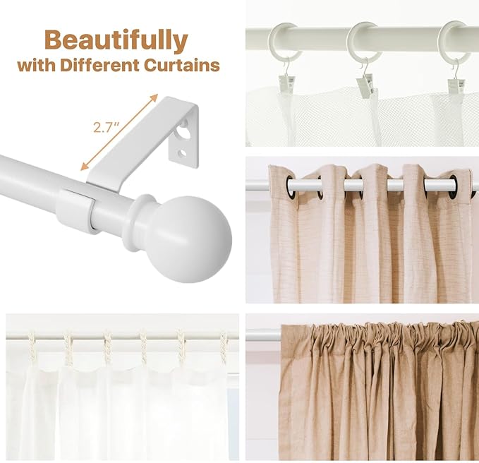 White Curtain Rods for Windows 48 to 88, Heavy Duty 5/8 Diameter Drape Rod Set, Decorative Standard Drapery Rod for Bedroom, Living Room, Adjustable 48 to 84 inch Metal Curtain Pole Easy Install