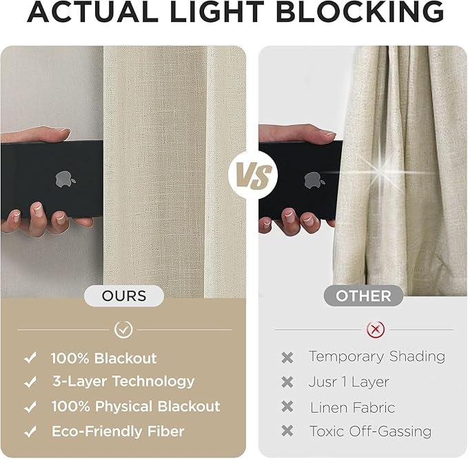 Joydeco 100% Blackout Pleated Curtains, Linen Window Curtains 2 Panel Sets 108 inches Long, Thermal Insulated Darkening Drapes for Bedroom(Bleached Sand,40'' Wx108'' L)