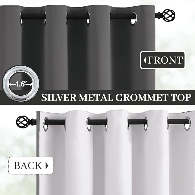 Yakamok Room Darkening 100% Blackout Curtains Grommet Window Treatments with 2 Thick Layers-Charcoal Grey Thermal Insulated Drapes Set of 2 Panels for Bedroom Living Room 52 Inches by 84 Inches Length