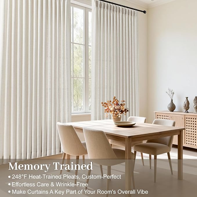 Pinch Pleated Linen Curtains 84 Inch Length 2 Panels Set, Light Filtering Linen Blend Sheer Drapes Memory Trained Pleated Curtain Back Tab with Hooks Rings for Living Room Bedroom, Natural, W40xL84