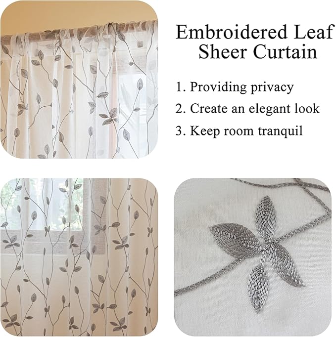 AmHoo 2 Panels Embroidered Leaf Pattern Semi Sheer Curtains Foliage Floral Voile Window Draperies Treatment for Bedroom Living Room Rod Pocket White Light Gray 53 x 63 Inch