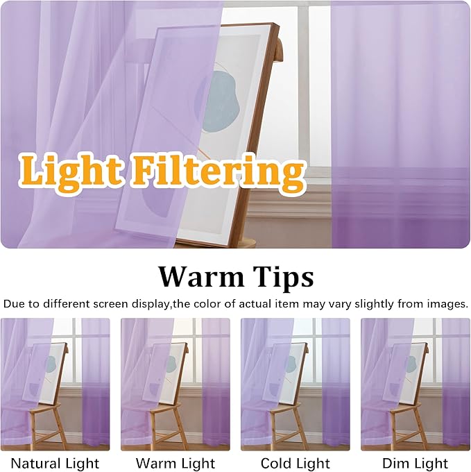 Gwine Lilac Sheer Curtains 72 Inches Long 2 Panels Set for Front Door, Light Filtering Sheer Curtains for Living Room, Rod Pocket Window Treatments Drapes, Each 42" Wx72 L