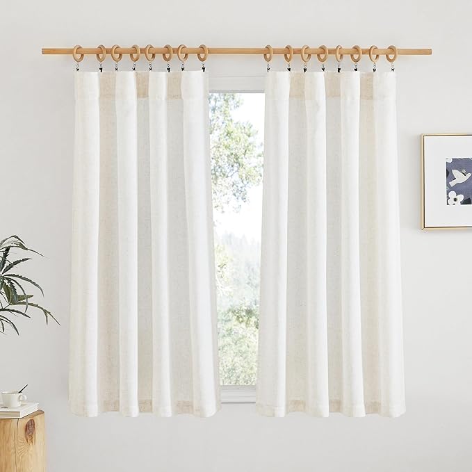 NICETOWN Natural Linen Kitchen Curtains 45 inches Long, Rod Pocket & Back Tab Semi Sheer Flax Linen Window Treatments Privacy with Light Filtering for Kids Room, W52 x L45, 2 Pieces