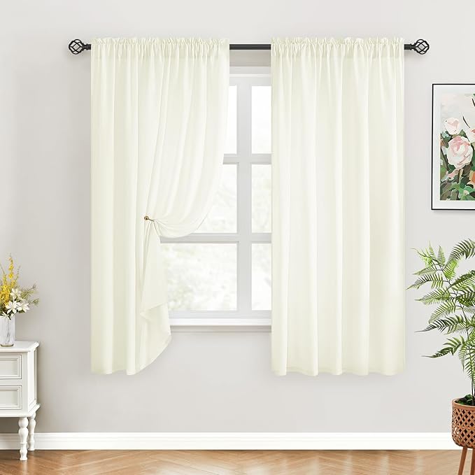 HOMEIDEAS Non-See-Through Ivory Privacy Sheer Curtains, 52 X 63 Inches Long 2 Panels Sheer Curtains Light Filtering Window Drapes for Bedroom Living Room