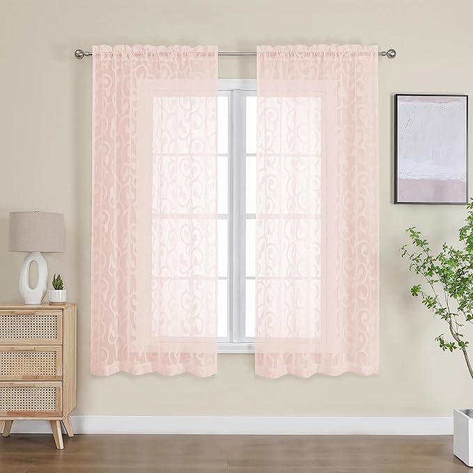 OWENIE Furman Blush Sheer Curtains 63 inch Length for Bedroom Living Room 2 Panels Set, Jacquard Clip Textured Pink Sheer Curtains, Light Filtering Rod Pocket Farmhouse Window Treatments, 40Wx63L inch