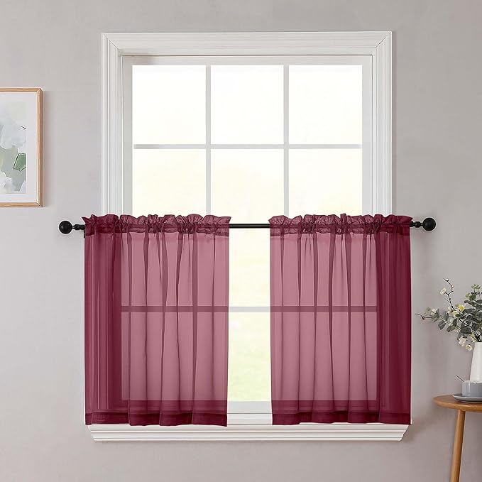 Kitchen Curtains 24 Inch Length Tier 2 Pieces, Burgundy Sheer Curtain Solid Soft Sheer Short Curtains for Windows, Cafe Bathroom Basement Rod Pocket Drapes, Burgundy, Each 42" Wx24 L Inches