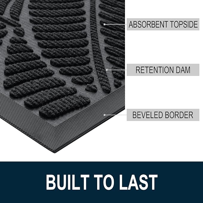 Colorxy Waterproof Doormat, Sturdy Natural Rubber Front Indoor Mat, Non Slip Low Profile Indoor Outdoor Door Mats, Stain and Fade Resistant Floor Mat, Easy Clean Patio Entrance Mat, 59''x36'', Black