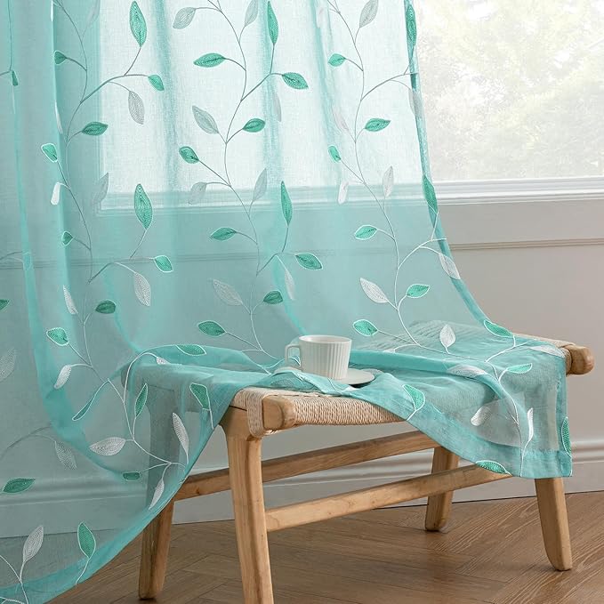 MIULEE Turquoise Sheer Curtains 2 Panels Embroidered Leaf Patterned Rod Pocket Floral Semi Sheer Faux Linen Window Curtains Drapes Set for Living Room Bedroom Dining Room, 52x84 Inches Long