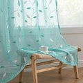 MIULEE Turquoise Sheer Curtains 2 Panels Embroidered Leaf Patterned Rod Pocket Floral Semi Sheer Faux Linen Window Curtains Drapes Set for Living Room Bedroom Dining Room, 52x96 Inches Long