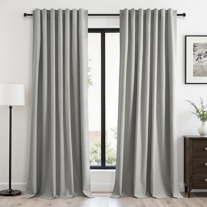 Grey Linen Blackout Curtains 95 Inch Long 2 Panels Back Tab Thermal Insulated Light Blocking Curtain for Living Room 100% Black Out Drape for Bedroom Neutral Rustic Farmhouse 52x95 Length Frost Grey