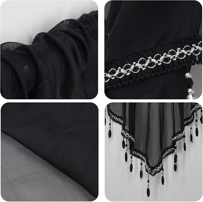 Molaxhome Swag Curtain 51 inch Length Rod Pocket Scalloped Curtain Valance Sheer Lace Panels with Hanging Crystal Beads for Kitchen Bedroom Window Treatments Drape Decor 1pc (Black, 51Wx23L)