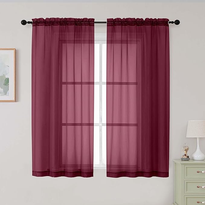 Burgundy Sheer Curtains for Bedroom Living Room 54 Inch Length 2 Panels Set, Solid Soft Airy Light Filtering Window Treatments, Modern Rod Pocket Drapes, Burgundy, 42" Wx54 L Inches