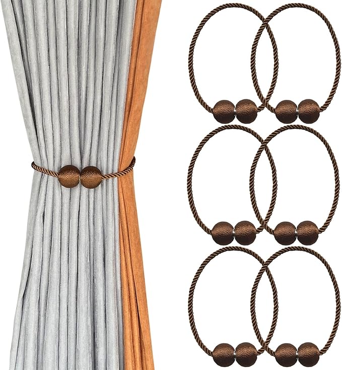 Melaluxe 6 Pack Magnetic Curtain Tiebacks, Decorative Curtain Holdbacks for Window Décor (Coffee)