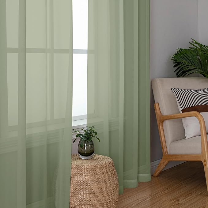 Chyhomenyc Sage Green Sheer Curtains 108 Inches Long - Light Filtering Voile Extra Long Panel Drapes for Floor to Ceiling Window, Elegant Soft Living Room Curtains, Each 42Wx108L Inch, 9FT, 2 Panels