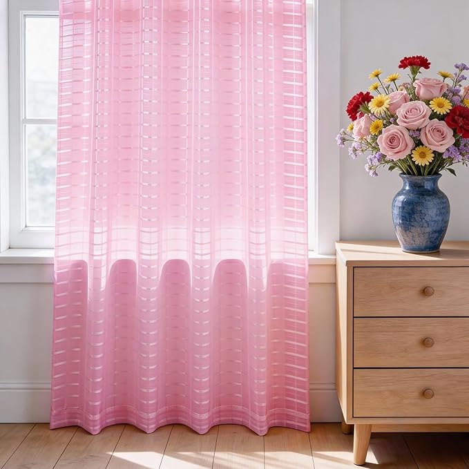 SpaceDresser Check Sheer Curtains 90 Inches 2 Panels Set, Rod Pocket Plaid Window Curtain for Living Room, Pink Semi Sheer Drapes for Kitchen Bedroom Children Room Yard（Pink, 52W x 90L）