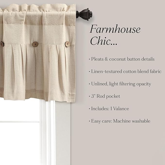 Lush Decor Linen Button Farmhouse Valance, 84" W x 18" L, Dark Linen - Kitchen Curtains Valances - Valances for Windows - Curtain Valance