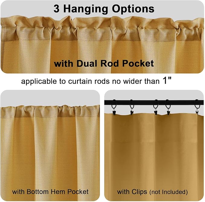 Chyhomenyc Gold Valance for Windows, Light Filtering Faux Linen Solid Short Curtain Valance, Burlap Decorative Small Curtain for Kitchen Bathroom Laundry Basement, 60Wx12L inch, 1 Piece