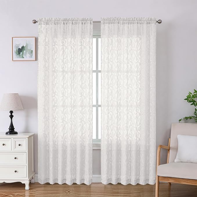 Lecloud Leia Ivory Sheer Curtains 84 Inches Long 2 Panels, Airy Voile Jacquard Leaf Textured Curtains, Semi Sheer Farmhouse Rod Pockets Curtain Drapes for Bedroom Living Room, 52" W x 84" L