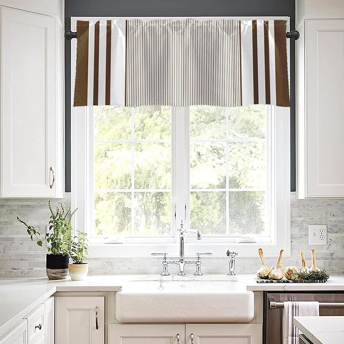 Emvency 2 Pack Valances Window Treatments, Striped Brown Minimalist Neutral Modern Drapes Adjustable Curtain for Windows Living Room Kitchen Over Sink, 52x18 Inch Rod Pocket Valances