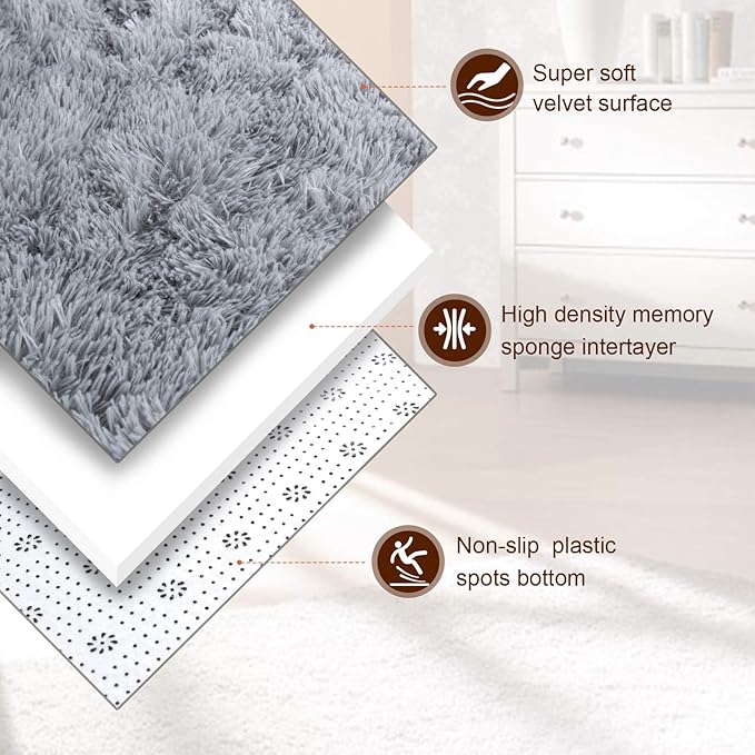 TWINNIS Super Soft Shaggy Rugs Fluffy Carpets, 5x8 Feet, Indoor Modern Plush Area Rugs for Living Room Bedroom Kids Room Nursery Home Decor, Upgrade Anti-Skid Rectangular Fuzzy Rug, Grey