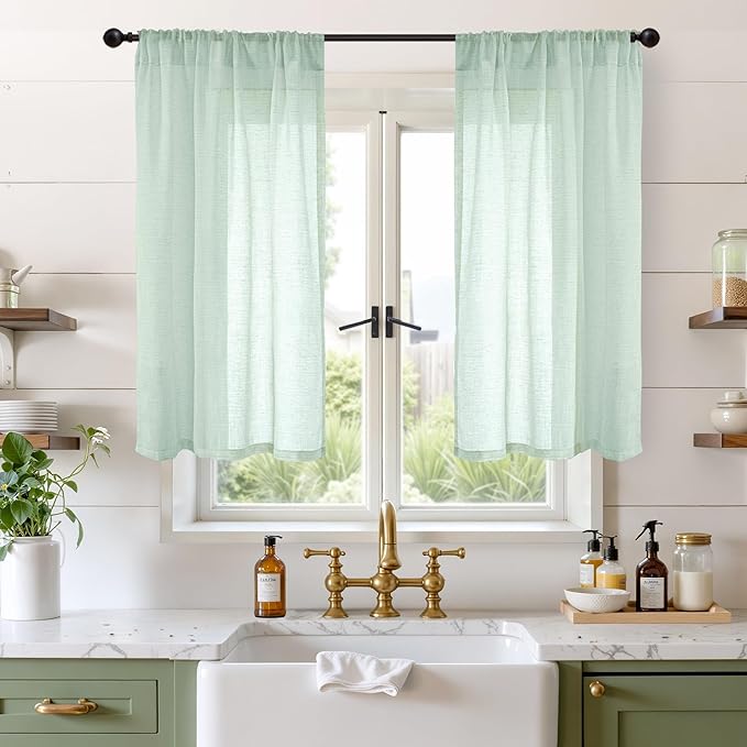 BGment Sage Green Linen Curtains 40 Inch Length for Short Kitchen Cafe Windows - Small Drapes Lightweight Country Boho Rustic Decor for Office Over Sink Rod Pocket, 2 Panels Set, 30 X 40 Inch
