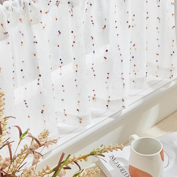 jinchan Valance Curtains for Windows 16 Inch Colorful Mini Pom-Pom Country Farmhouse Kitchen Valance Semi Sheer Voile Samll Window Treatment for Bedroom Living Room Rod Pocket 1 Panel Amber Bloom