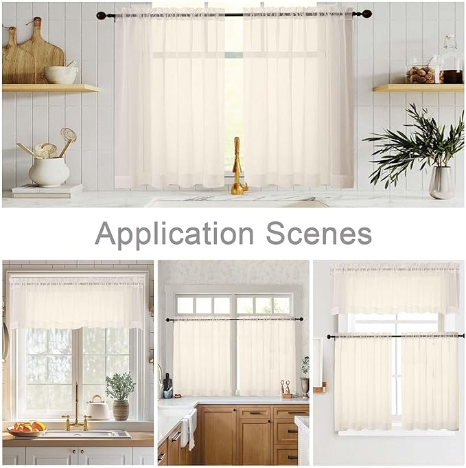 Cream Valances for Windows, Cream Sheer Curtains 14 Inch Length 2 Pack Kitchen Drapes, Modern Solid Mini Small Window Curtains for Cafe Bathroom Basement, 42" Wx14 L Inches