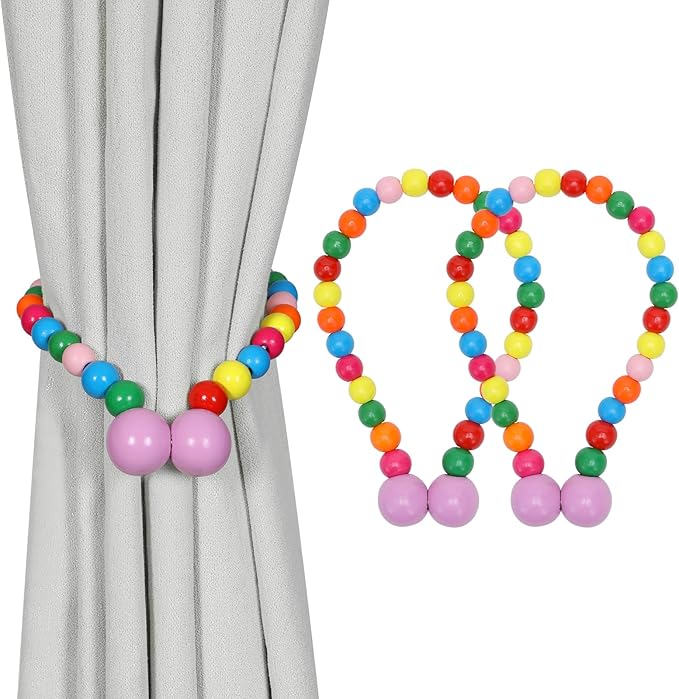 KLOGTSIND Magnetic Curtain Tiebacks, Curtain Tie Backs for Curtains 2 Pack, Wood Bead Curtain Tiebacks, Curtain Holders for Boho Bedroom Decor, Baby Nursery Decor, Farmhouse Décor