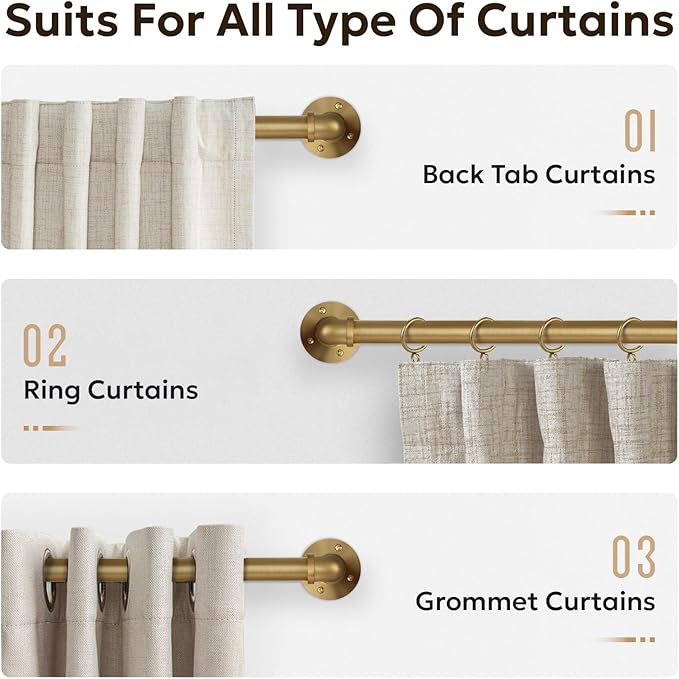 Zeerobee Curtain Rods for Windows 48 to 84, 1 Inch Industrial Wrap Around Warm Gold Curtain Rod, Indoor/Outdoor Room Divider Adjustable Drapery Pole, 48"-86"