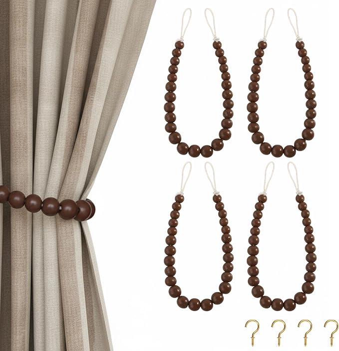 Hion 4 Pcs Boho Curtain Tiebacks,Wood Beads Curtain Holdbacks,Outdoor Farmhouse Tie Backs for Curtains,Curtain Holders for Drapes Home Office Room Decor with Hooks(Coffee)