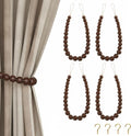 Hion 4 Pcs Boho Curtain Tiebacks,Wood Beads Curtain Holdbacks,Outdoor Farmhouse Tie Backs for Curtains,Curtain Holders for Drapes Home Office Room Decor with Hooks(Coffee)