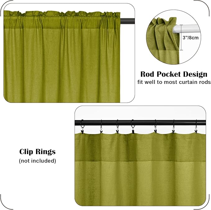 FRAMICS Farmhouse Cotton Linen Curtains for Living Room, Rustic Button Curtains 84 Inch Length 2 Panels, Boho Linen Window Curtain for Bedroom Rod Pocket Drapes, 52 x 84 Inch, Fresh Green and White
